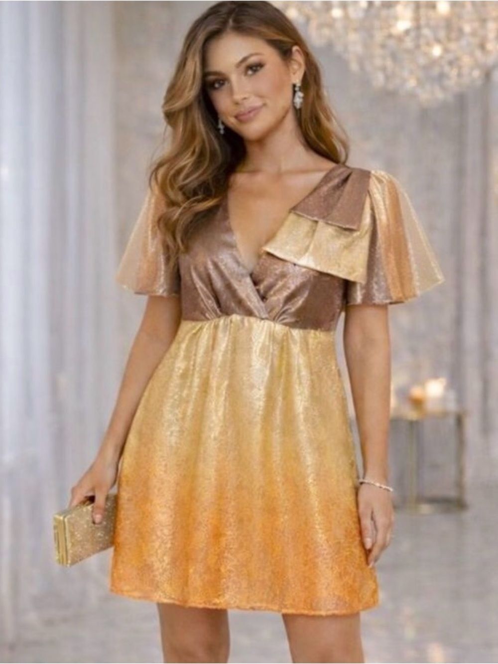 Voom by Joy Han Brown Orange Bow Shimmery Ombre Metallic Silk Cocktail Dress S